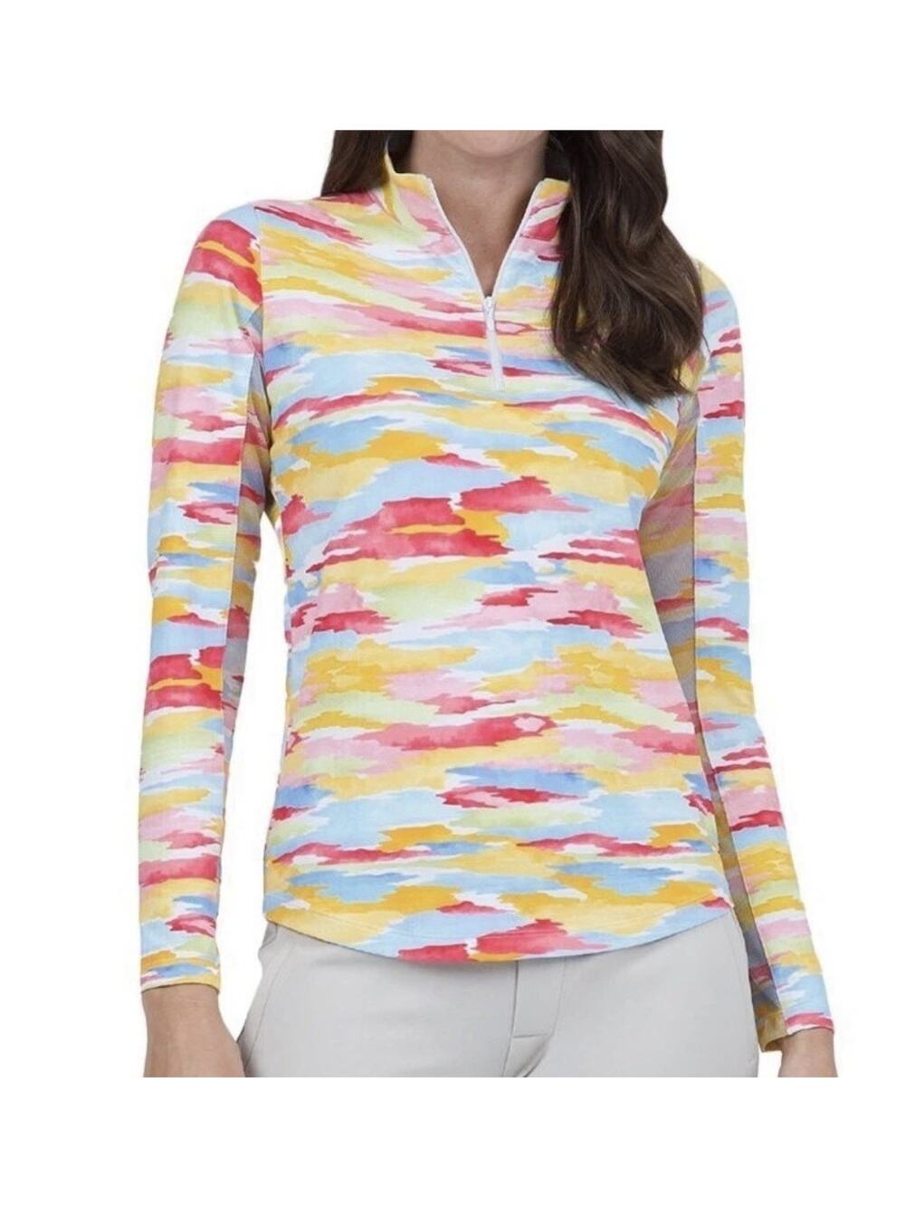 NWT IBKUL Jessie Watermelon Colorful Long Sleeve Golf Tennis Shirt XS UPF 50